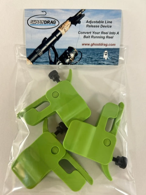 3-Pack of hi-vis green Ghostdrag fishing line release to catch more fish using open bail